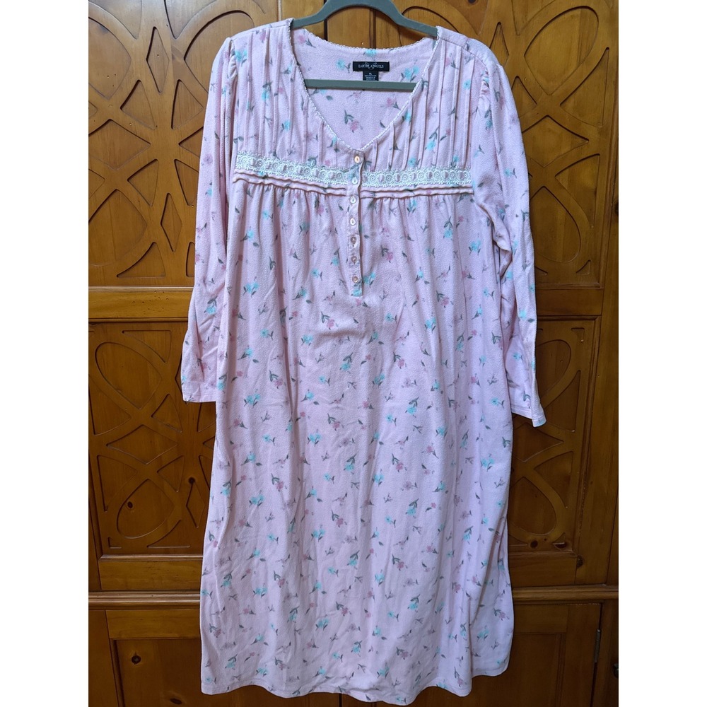 Earth Angels Pink Floral Fleece Nightgown XL Long Sleeve Lace Trim Henley Midi